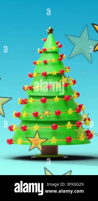 Animation of stars over christmas tree on blue background. Christmas ...