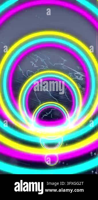 Animation of data processing over neon shapes. Global business and ...