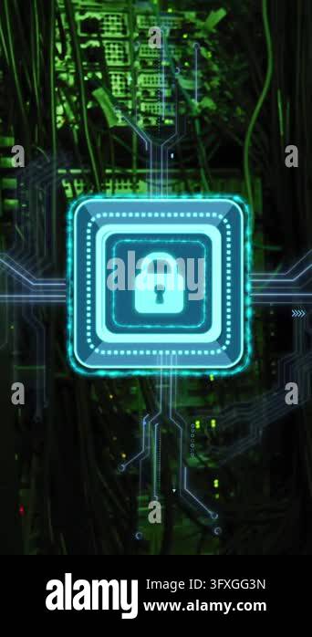 Animation of padlock icon, circuit board and data processing over ...
