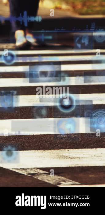 Animation of data processing over zebra crossing. Global business ...