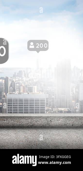 Digital animation of a city with follower icons increasing in count 4k ...