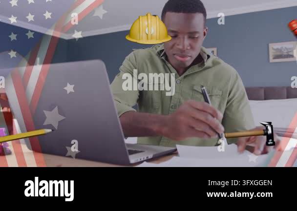 Motion Man Man writing at desk with laptop, pen motion causing Labor Day graphics ...