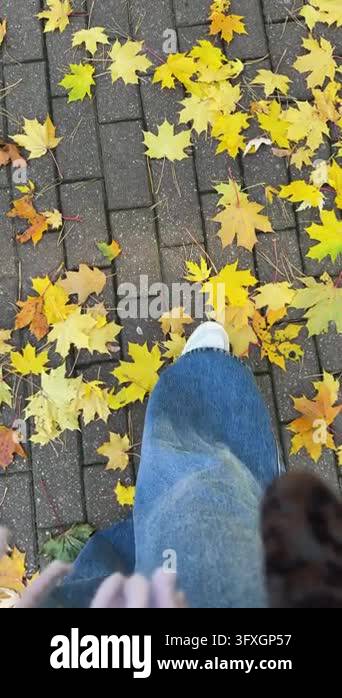 Downward camera angle shows person walking forward on brick pavers with ...