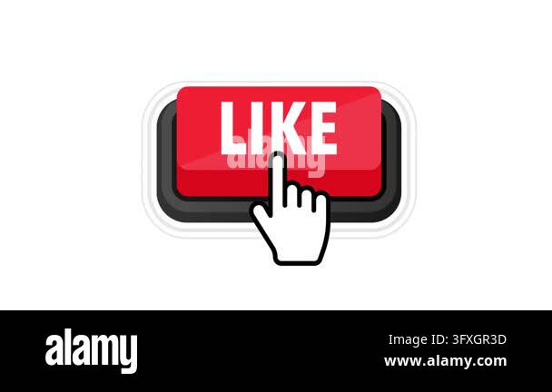 Animated mouse cursor clicking a red like button, isolated on white ...