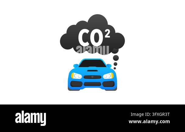 Flat cartoon icon of a blue car emitting CO2 gas isolated on white and ...