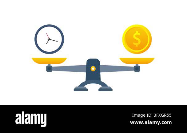 Clock and dollar coin icons balancing on a scale, symbolizing the value ...