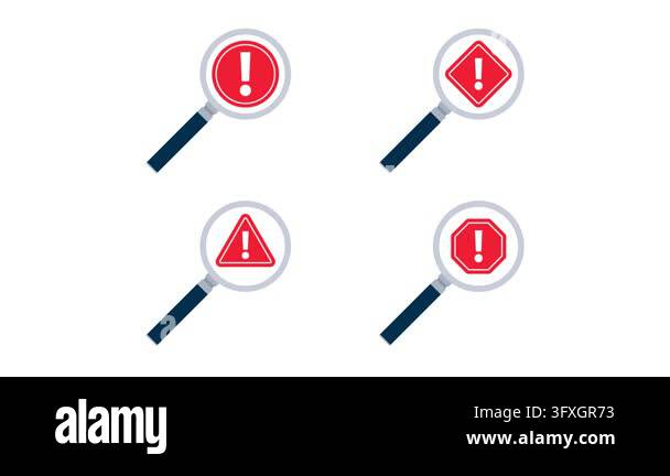Magnifying glass icon searching for exclamation mark warning signs on ...