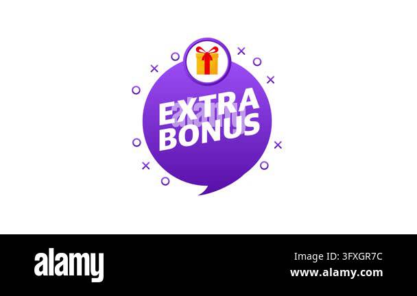 Animated purple badge with extra bonus text and gift box icon on white ...