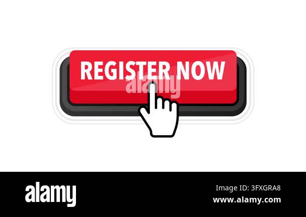 Red register now button with a mouse cursor clicking, isolated on white ...