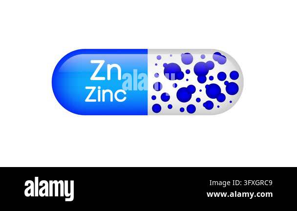 Animated blue zinc supplement capsule filling and dissolving on white ...