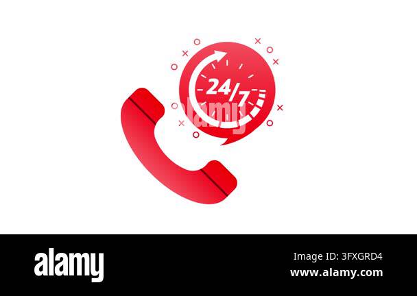 Red telephone icon with a 247 support symbol appearing in a speech ...