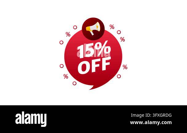 Red animated speech bubble with 15 percent off discount and megaphone ...