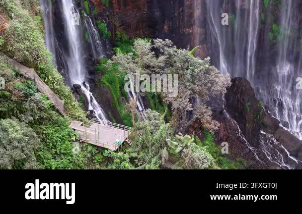 Mist rises from roaring waterfalls crashing into mossy rocks. Lush ...