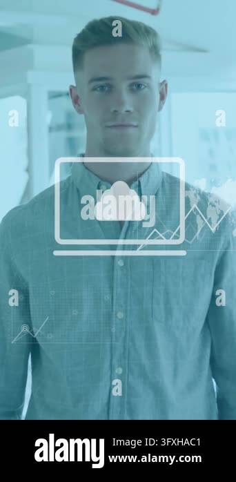 Animation of media icons processing data over caucasian casual ...