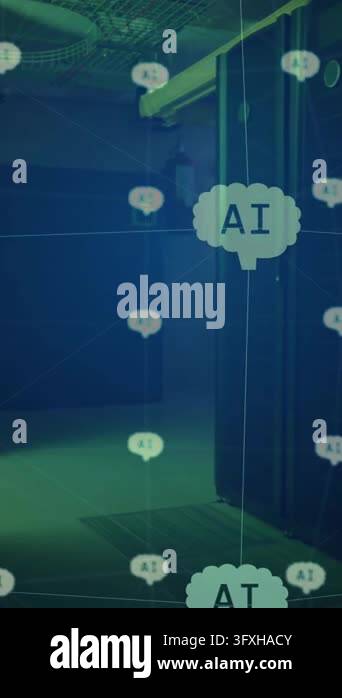 Animation of globe with connections and ai icons over computer servers ...