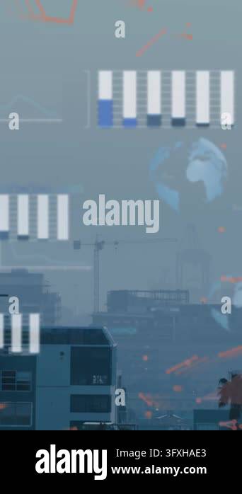 Animation of data processing against aerial view of cityscape. Computer ...