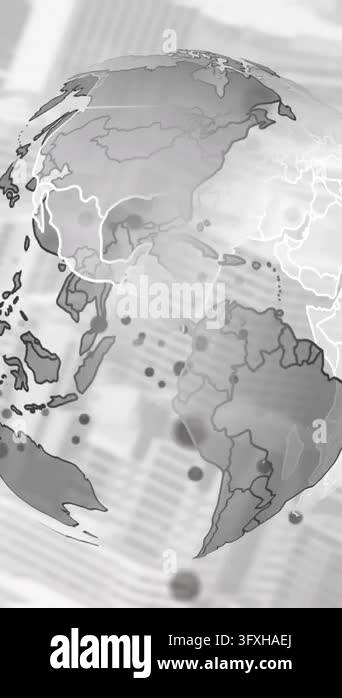Animation of connecting dots over spinning globe against aerial view of ...
