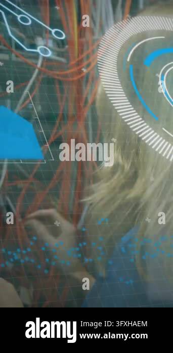 Animation of scope scanning and data processing over caucasian it woman ...