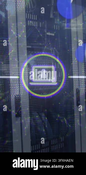 Animation of network of digital icons and data processing against ...