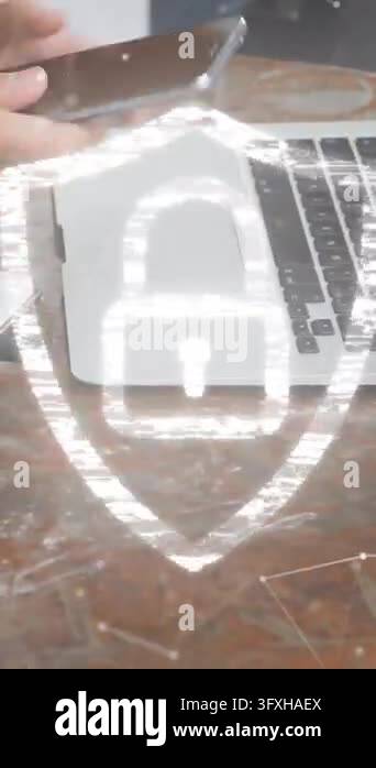 Animation of security padlock icon and fingerprint scanner over mid ...