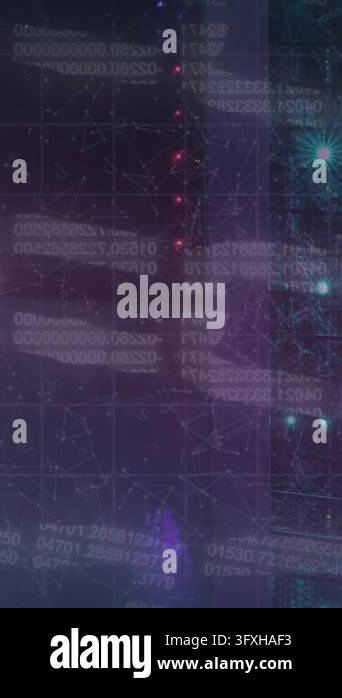 Animation of chain of binary data processing over computer server room ...