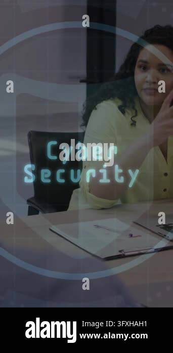 Animation of cyber security text, thumbprint icon, diverse woman ...