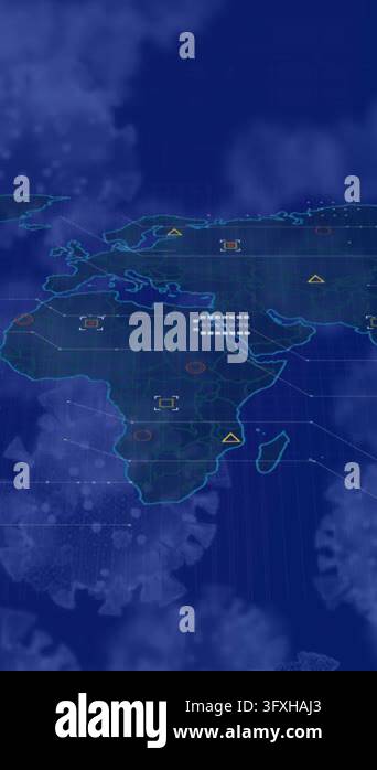 Vertical video: Virus shapes drifting, sparking Africa map HUD marking ...