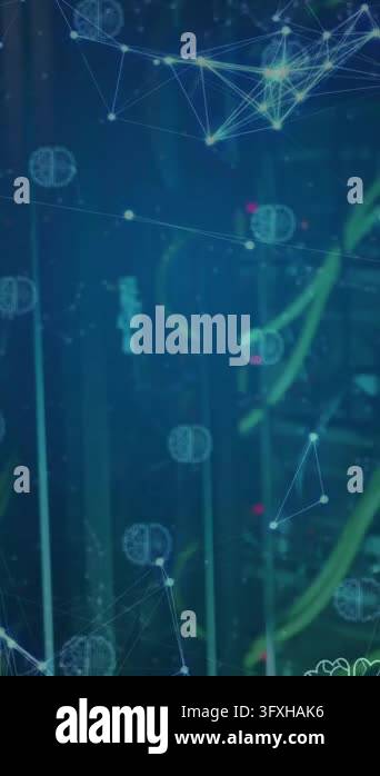 Animation of connections and ai icons over computer servers. Global ...