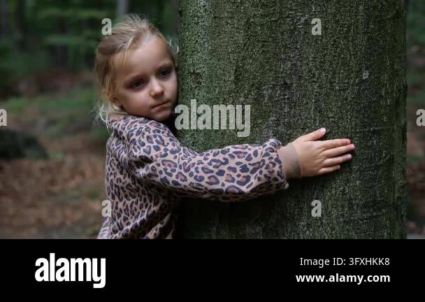 Tree Broad Child embraces broad tree trunk during calm forest walk, one hand ...