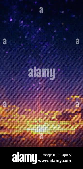 Abstract digital mosaic landscape showing a golden sunset fading into a ...