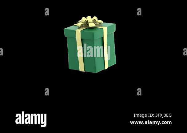 Green gift box with yellow ribbon and bow jumping, 3d render with alpha ...
