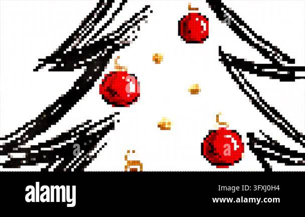 Animated pixel art Christmas tree branch with hanging red baubles and ...