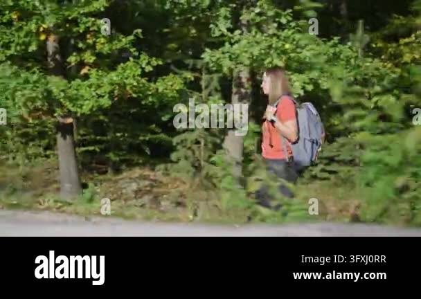 Side view of a woman hiker walking with a backpack along a forest road ...