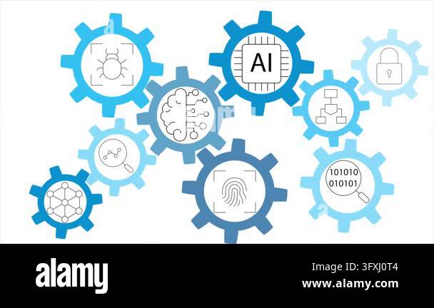 Interconnected gears with technology, cybersecurity, and AI icons ...