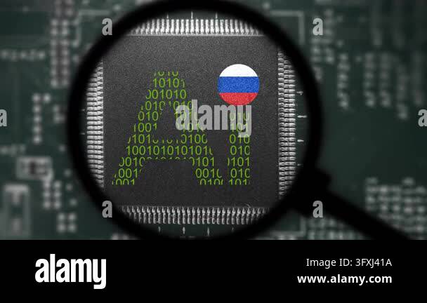 Computer chip with artificial intelligence sign and Russia flag. View ...