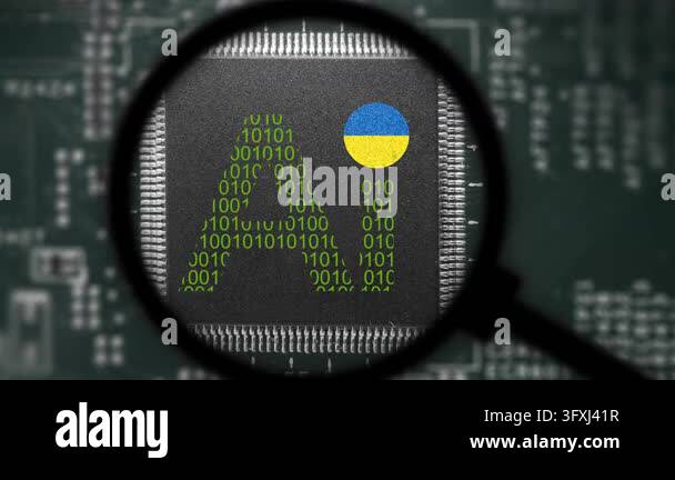 Computer chip with artificial intelligence sign and Ukraine flag. View ...