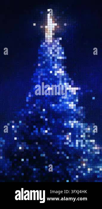 Glowing blue Christmas tree in retro 8-bit pixel art style. Shining ...