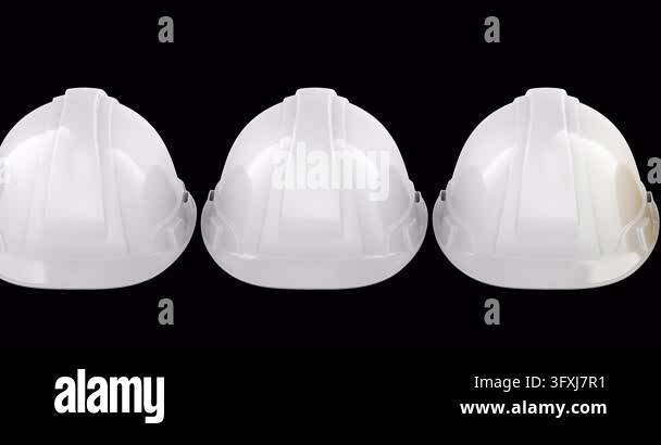 Row of white hard hats with one yellow helmet, camera moving along ...