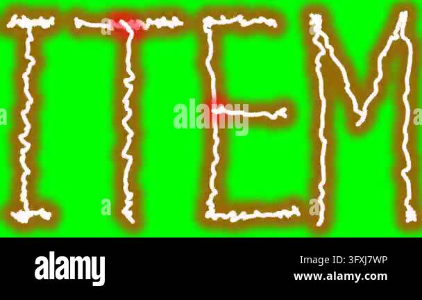 Animated text 'ITEM' with a glowing outline on a green screen ...