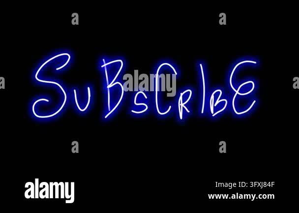 Cyan neon text spelling SUBSCRIBE glows on black background. Motion ...