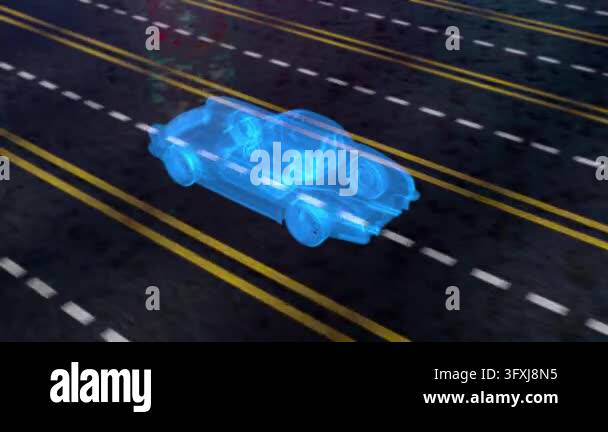 Futuristic blue hologram wireframe of a classic car driving along ...
