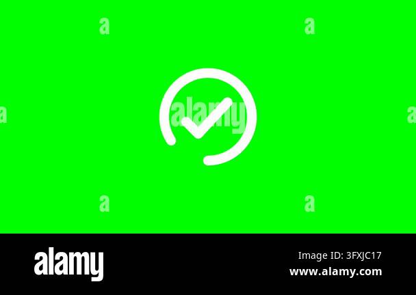 White verification checkmark icon on vibrant green chroma key ...