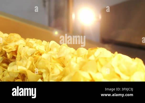 Potato chips moving along a conveyor belt at an industrial factory ...
