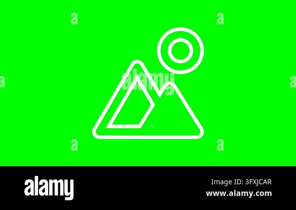 White minimalist mountain range icon with sun on chroma green Stock ...