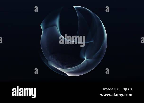 Translucent blue ribbons form a shifting 3D sphere with silver ...