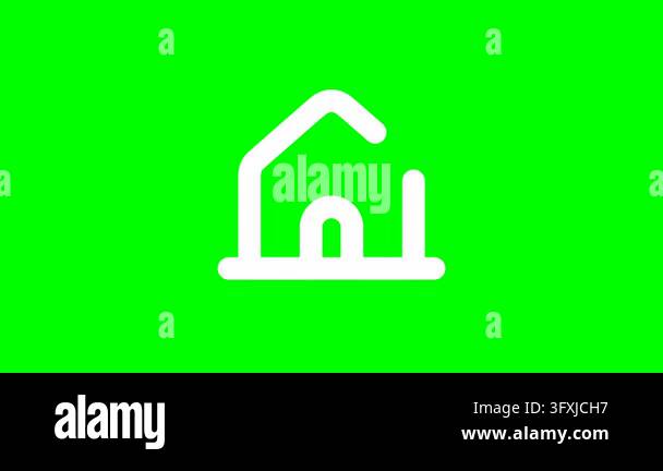 Simple white house outline icon against bright chroma green background ...