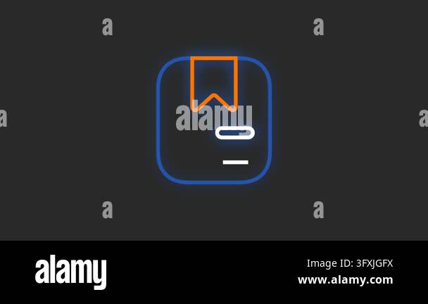 This glowing blue UI icon features an orange bookmark tab and white ...