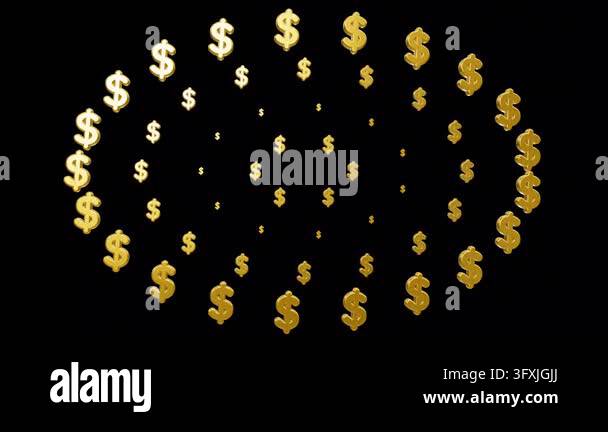 An abstract composition of three-dimensional golden dollar symbols ...