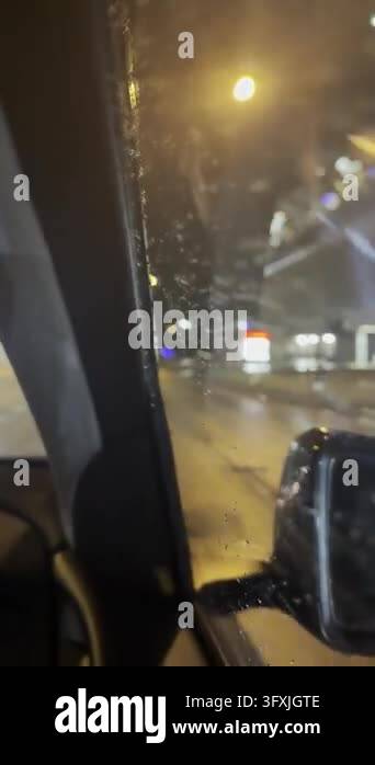 Car Side View Frame Rainy Evening Highway View from Car Window with Raindrops on Glass and ...