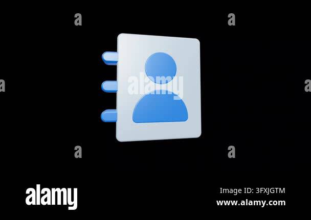 A white 3D rendered address book icon featuring a blue user avatar ...
